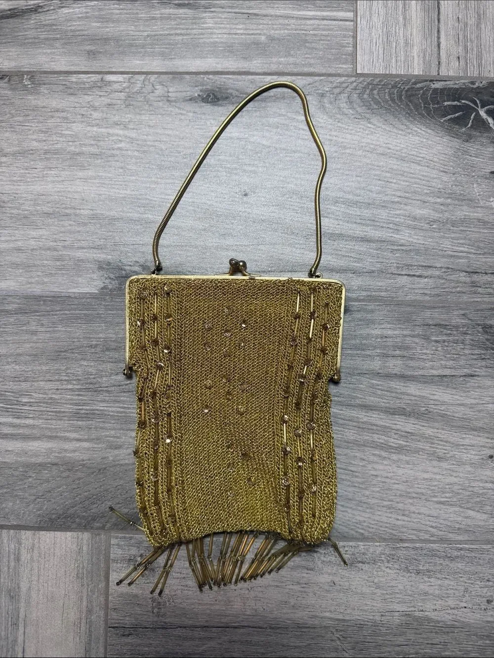 Vintage Gold Beaded Evening Bag with Fringe and Diamond Accented Snap Closure